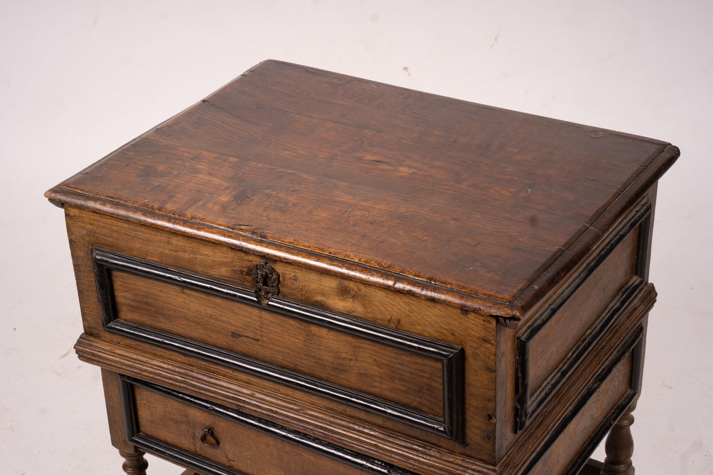 A late 17th century bible box on stand, width 73cm, depth 53cm, height 74cm